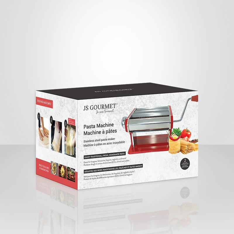 JS GOURMET Manual Pasta Machine in Red Stainless Steel