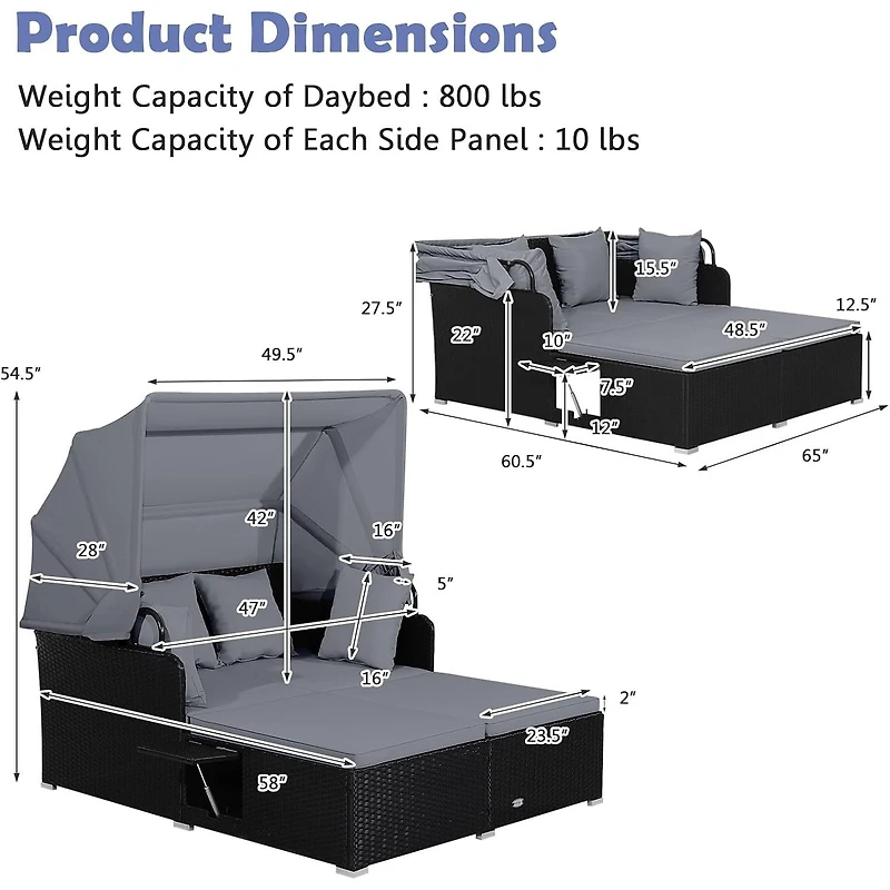 Patio Rattan Daybed, Retractable Canopy and Side Tables