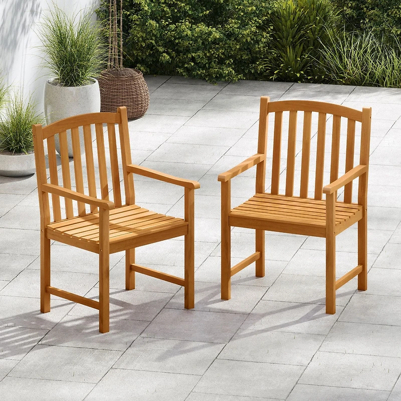 Solid Acacia Wood Patio Chairs Set of 2, Slatted Seat and Inclined Backrest for Porch