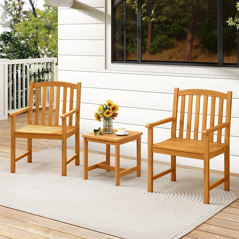 Solid Acacia Wood Patio Chairs Set of 2, Slatted Seat and Inclined Backrest for Porch