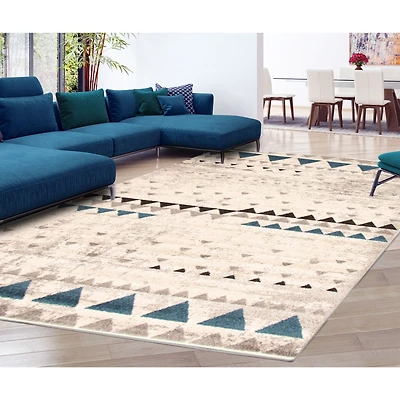 Modern Afghan Ivory/Blue Rug