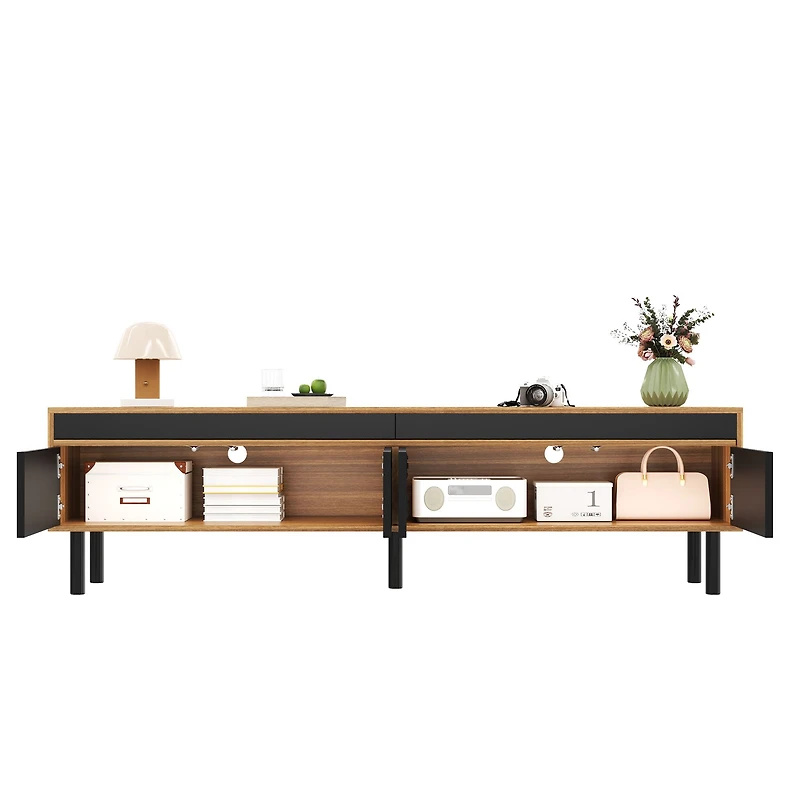 Modern 67" TV Stand with 4 Doors, Black & Natural Wood