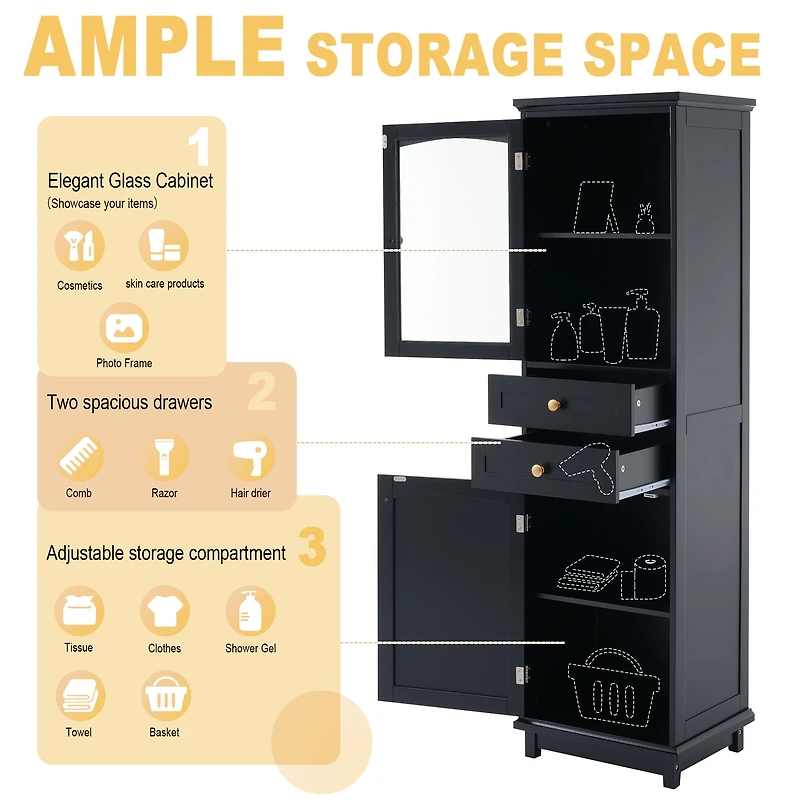 Tall Bathroom Storage Cabinet with Glass Doors - 63"