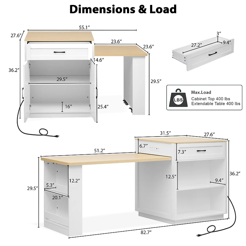 82.7" White Extendable Kitchen Island with Storage