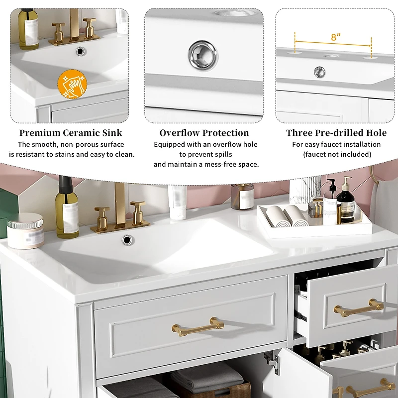 White Bathroom Vanity with Ceramic Sink and Gold Handles - 36"