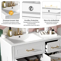 White Bathroom Vanity with Ceramic Sink and Gold Handles - 36"