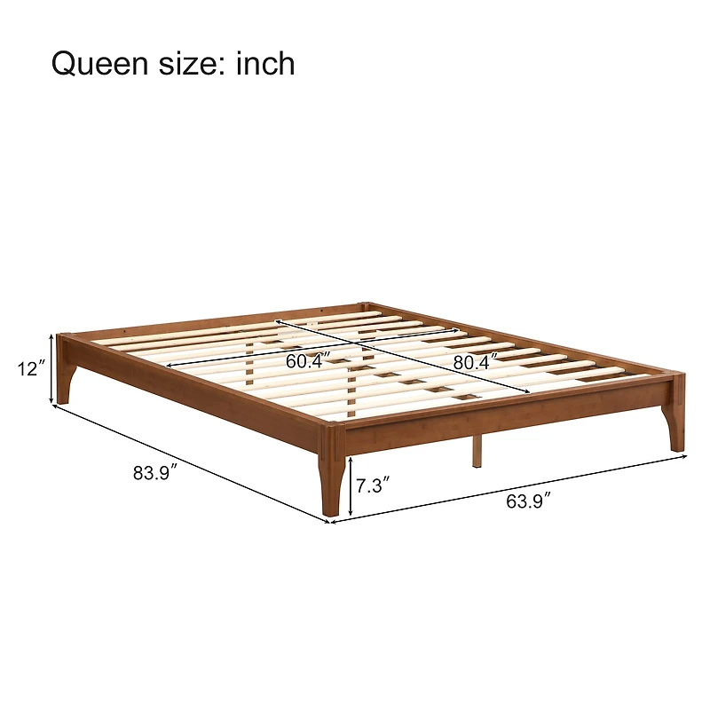 12" Queen Solid Bamboo Platform Bed Frame Brown