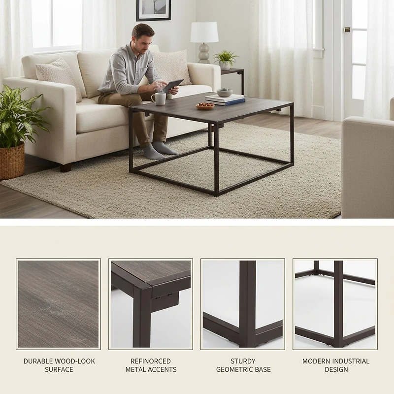 Modern Industrial Coffee Table, Driftwood Gray Finish - 34.25''