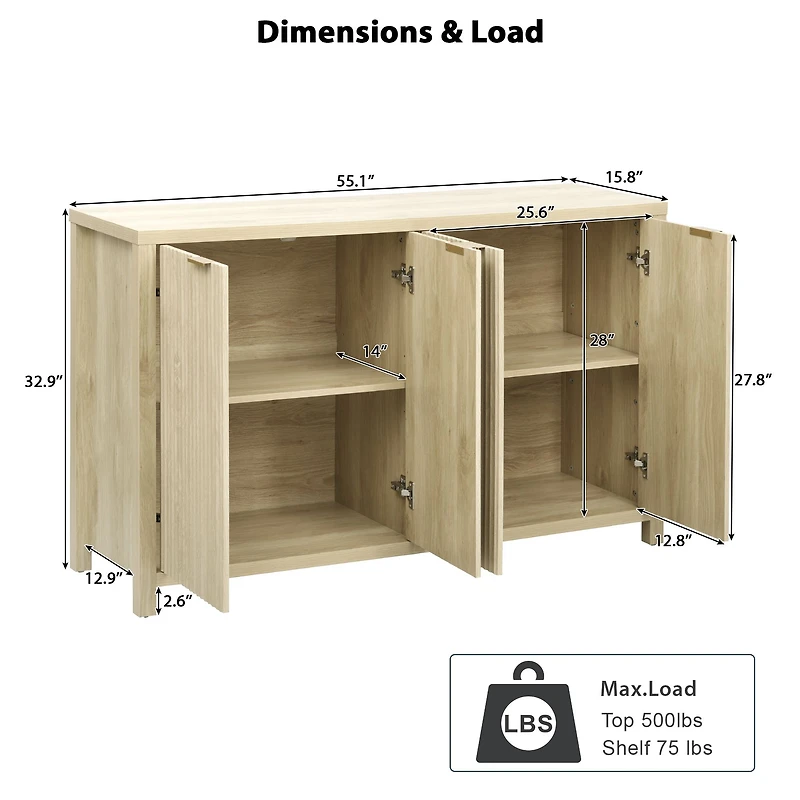 55" Fluted 4-Door Farmhouse Buffet Cabinet Natural