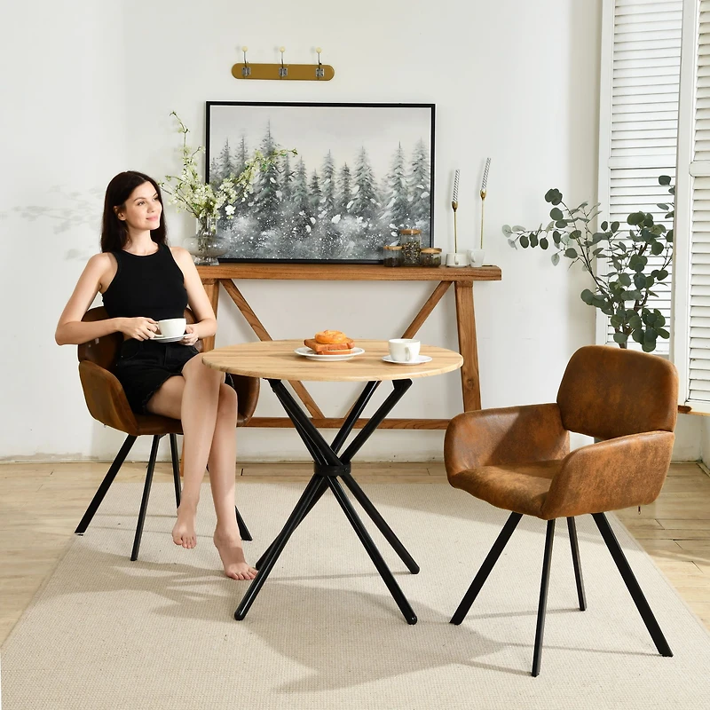 3-Piece Dining Set Oak Round Table With Suede Brown Swivel Chairs