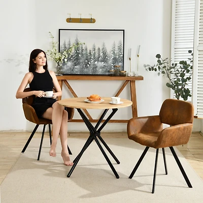 3-Piece Dining Set Oak Round Table With Suede Brown Swivel Chairs