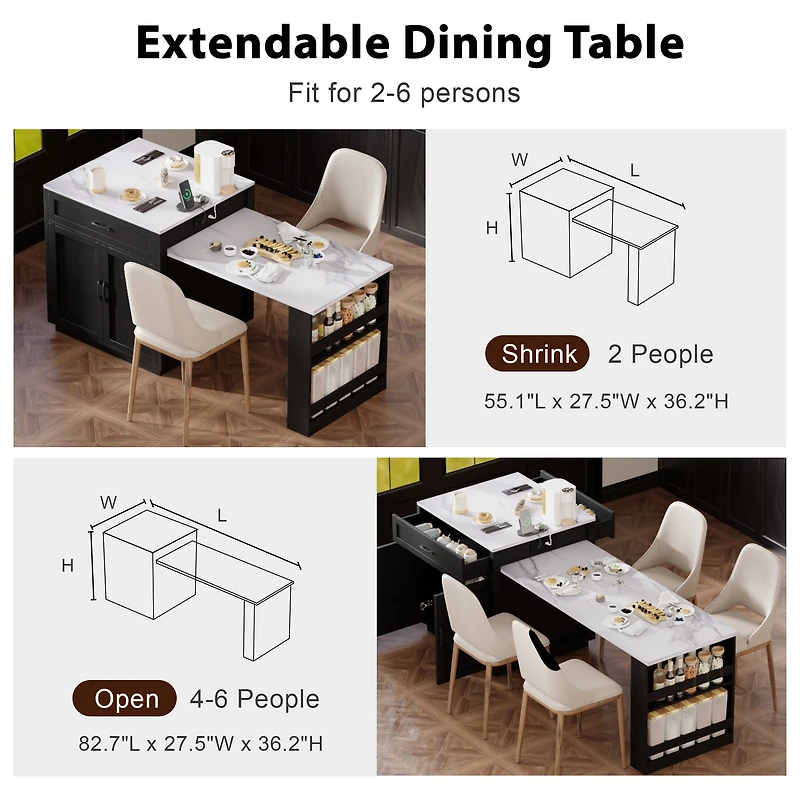 Îlot de cuisine extensible 82,7 po noir avec table