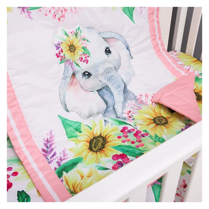 5-Piece Newborn Crib Bedding Set - Elephant & Sunflowers