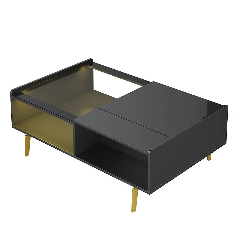 Table basse noire brillante avec LED et plateau en verre