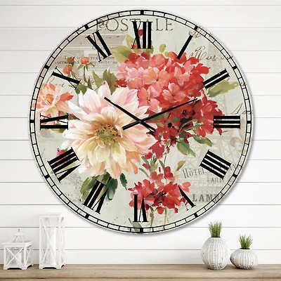 Flowers on Vintage Postcard I Metal Wall Clock