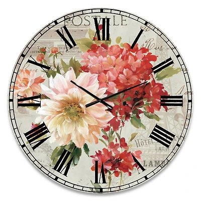 Flowers on Vintage Postcard I Metal Wall Clock