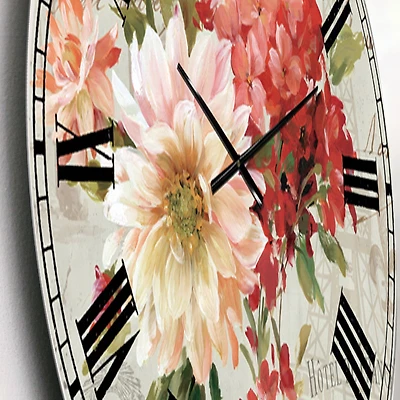 Flowers on Vintage Postcard I Metal Wall Clock