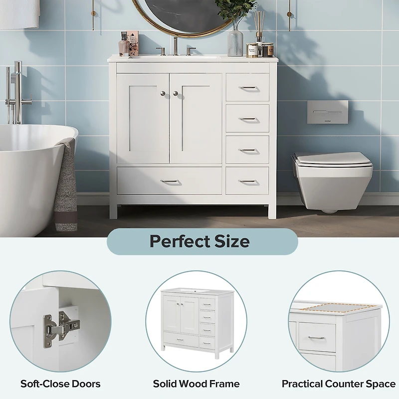 White Bathroom Vanity with Ceramic Sink - 36"