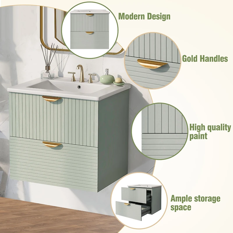 Green Wall-Mounted Bathroom Vanity with Sink - 24"