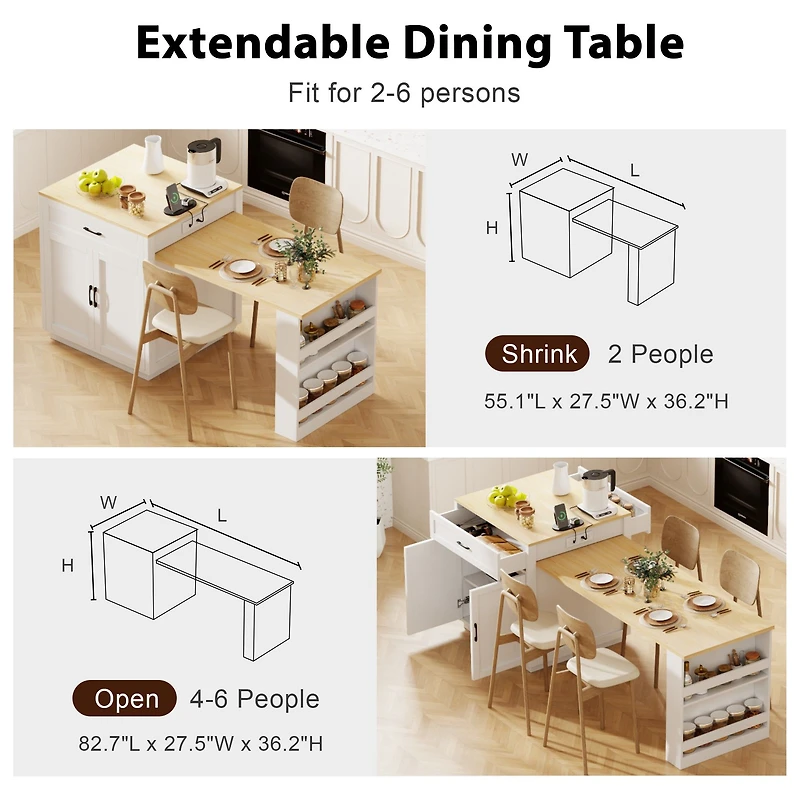 Îlot de cuisine extensible 82,7 po blanc avec rangement