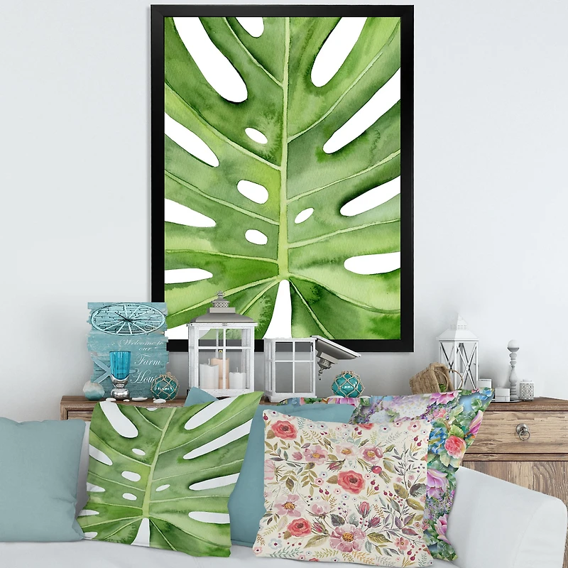 Green Monstera Leaf Tropical Palm Botanical Detail  Wall Art