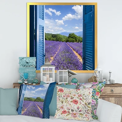 Lavender Field Through Blue Open Cottage Window Wall Art