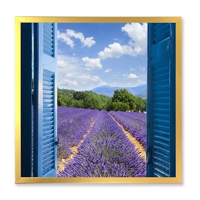 Lavender Field Through Blue Open Cottage Window Wall Art