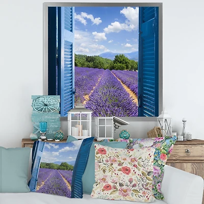 Lavender Field Through Blue Open Cottage Window Wall Art