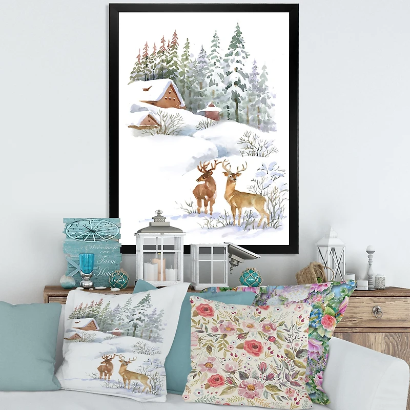 Winter Cottage with Two Deers Wall Art