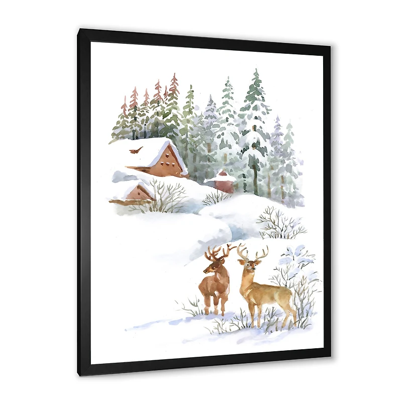 Winter Cottage with Two Deers Wall Art
