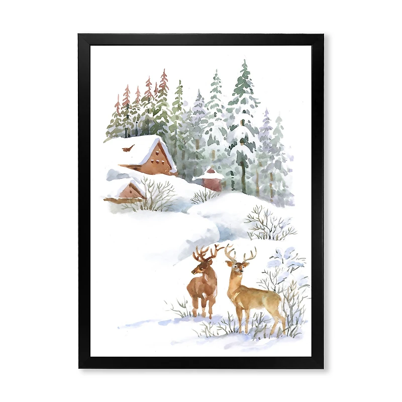 Winter Cottage with Two Deers Wall Art