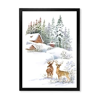 Winter Cottage with Two Deers Wall Art
