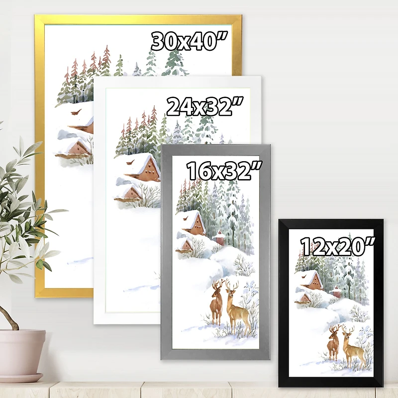 Winter Cottage with Two Deers Wall Art
