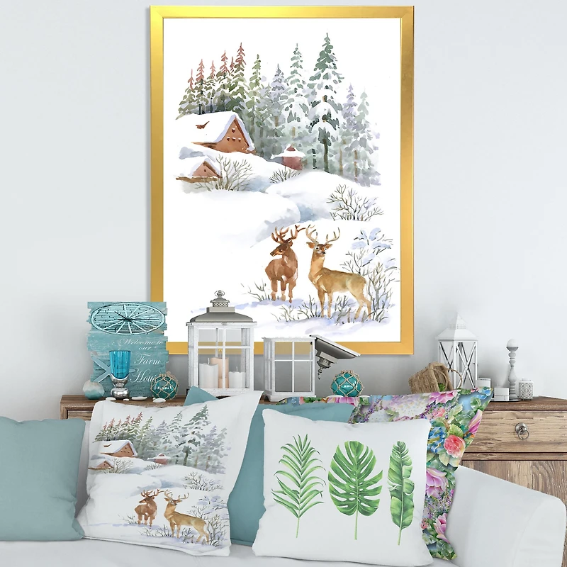 Winter Cottage with Two Deers Wall Art