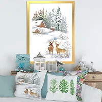Winter Cottage with Two Deers Wall Art