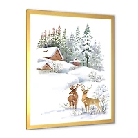 Winter Cottage with Two Deers Wall Art