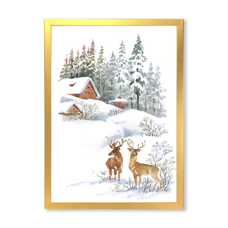 Winter Cottage with Two Deers Wall Art