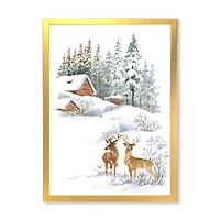 Winter Cottage with Two Deers Wall Art