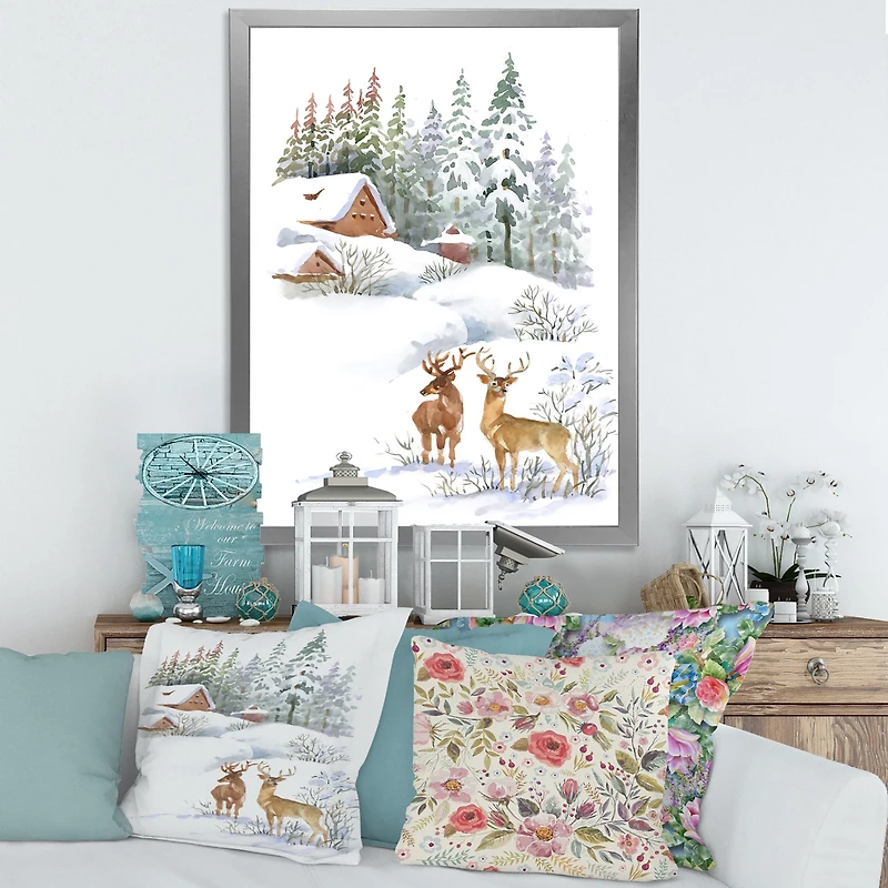 Winter Cottage with Two Deers Wall Art