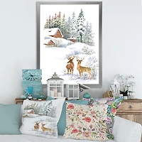 Winter Cottage with Two Deers Wall Art