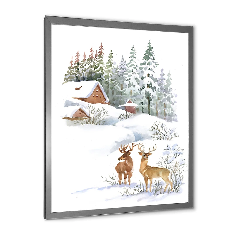 Winter Cottage with Two Deers Wall Art