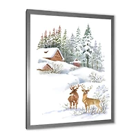 Winter Cottage with Two Deers Wall Art