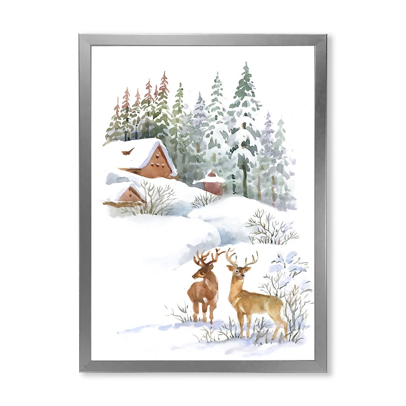 Winter Cottage with Two Deers Wall Art