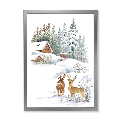 Winter Cottage with Two Deers Wall Art