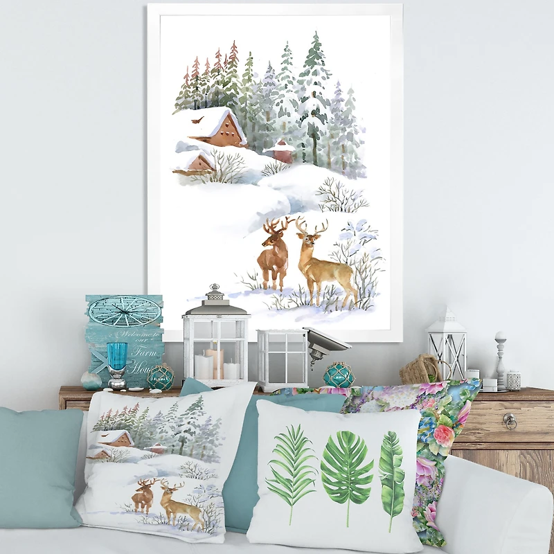 Winter Cottage with Two Deers Wall Art