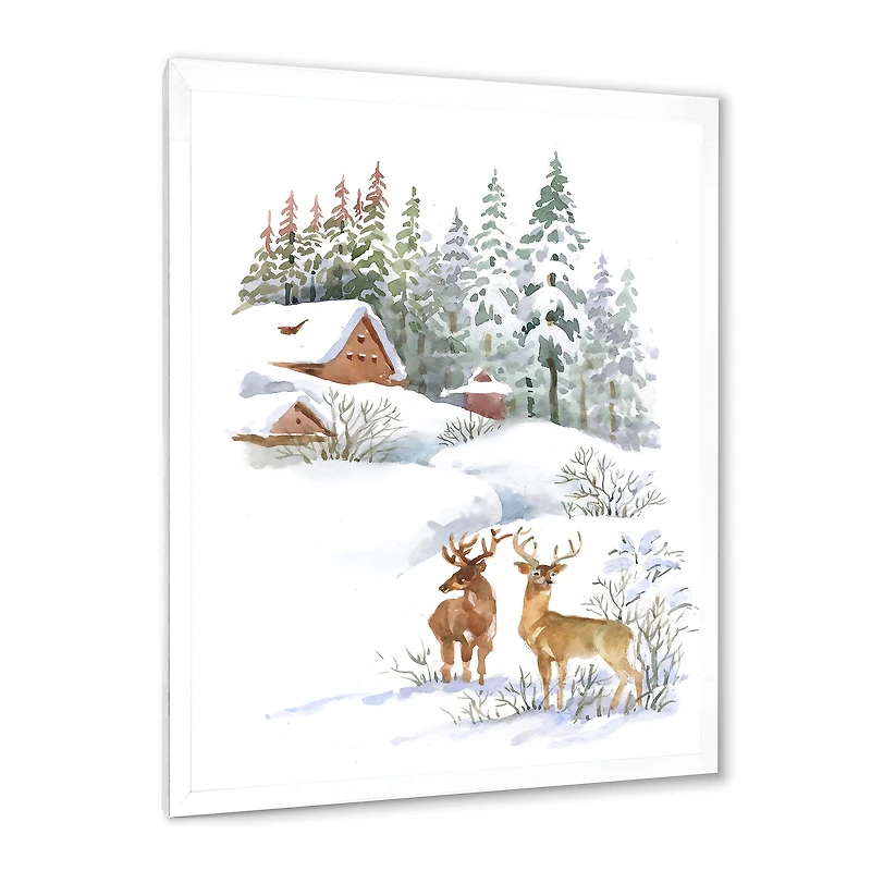 Winter Cottage with Two Deers Wall Art