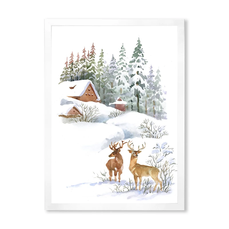 Winter Cottage with Two Deers Wall Art
