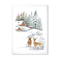 Winter Cottage with Two Deers Wall Art