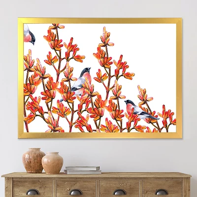 Flock of Bullfinches Birds on Orange Branches Wall Art