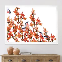 Flock of Bullfinches Birds on Orange Branches Wall Art
